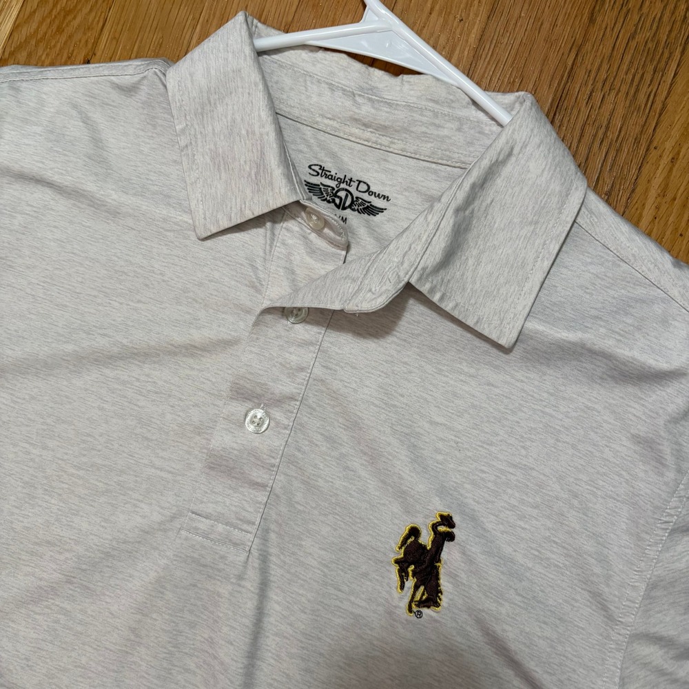 Straight Down Wyoming Cowboys Polo Shirt Mens M Heather Oatmeal Performance Golf
